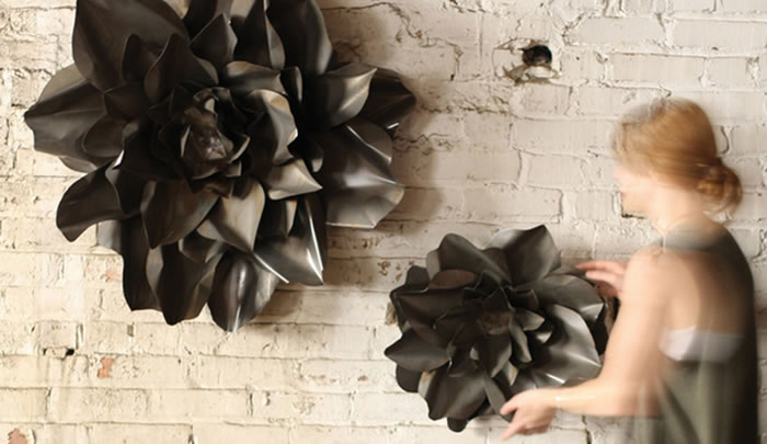 Set of Two Flower Wall Hangings in Raw Metal
