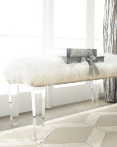 Just a touch of acrylic on the bench legs lightens up this beautiful sheepskin bench from Horchow ($1889)