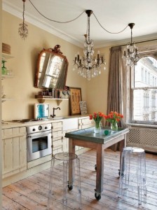 The contrasting design elements in this kitchen create interesting detail.  Casper Barstools available at Amazon. ($205 for set of 2)